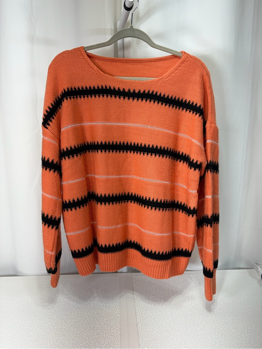 Women's Orange Crewneck Striped Knit Sweater 4325